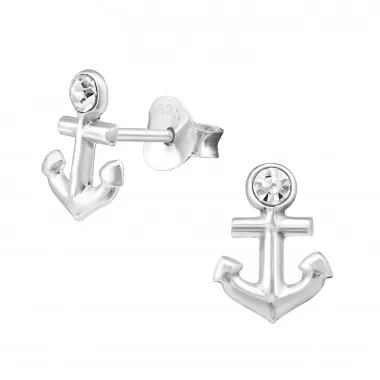 Anchor - 925 Sterling Silver Stud Earrings with Crystals SD26932