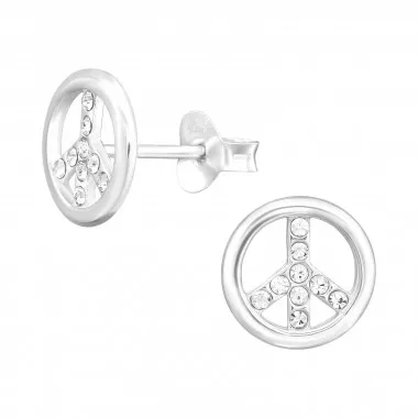 Peace Symbol - 925 Sterling Silver Stud Earrings with Crystals SD43961