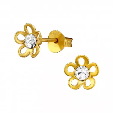Flower - 925 Sterling Silver Stud Earrings with Crystals SD49250