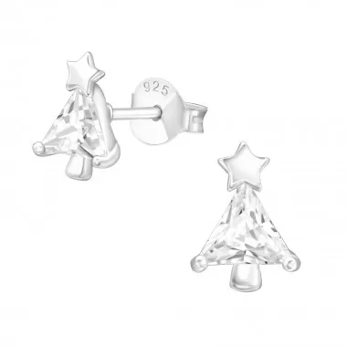 Christmas Tree - 925 Sterling Silver Stud Earrings with CZ SD40554