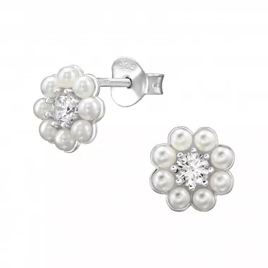 Flower - 925 Sterling Silver Stud Earrings with CZ SD49496