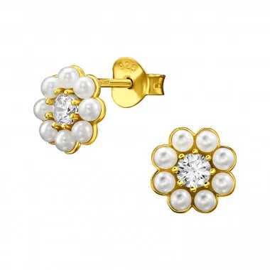 Flower - 925 Sterling Silver Stud Earrings with CZ SD49497