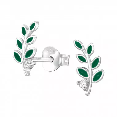 Leaf - 925 Sterling Silver Stud Earrings with CZ SD49498