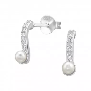 Curved - 925 Sterling Silver Stud Earrings with CZ SD49501
