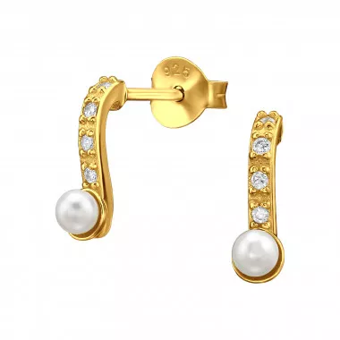 Curved - 925 Sterling Silver Stud Earrings with CZ SD49502