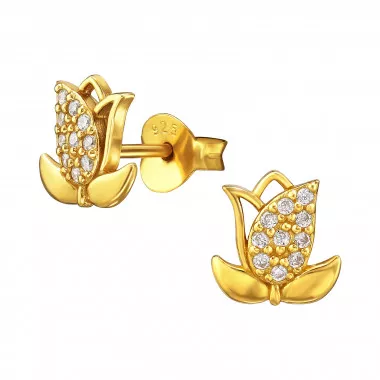 Tulip Flower - 925 Sterling Silver Stud Earrings with CZ SD49508