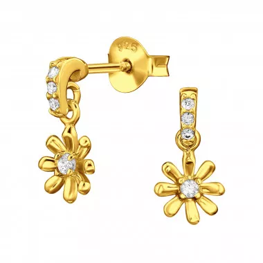Dangling Sunflower - 925 Sterling Silver Stud Earrings with CZ SD49523