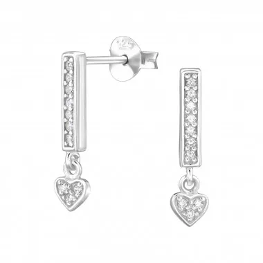 Bar With Dangling Heart - 925 Sterling Silver Stud Earrings with CZ SD49524