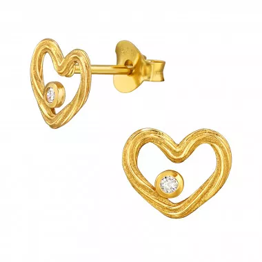 Curved Open Heart - 925 Sterling Silver Stud Earrings with CZ SD49691
