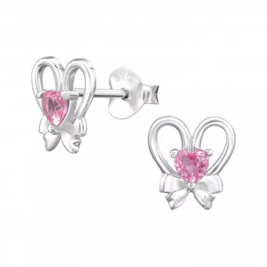 Heart With Bow - 925 Sterling Silver Stud Earrings with CZ SD49693