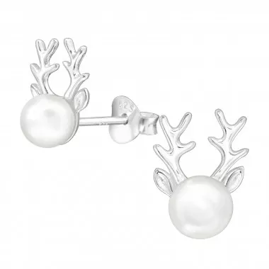 Deer - 925 Sterling Silver Pearl Stud Earrings SD44015