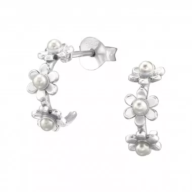 Half Hoop Flower - 925 Sterling Silver Pearl Stud Earrings SD49503