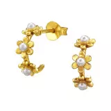 Half Hoop Flower - 925 Sterling Silver Pearl Stud Earrings SD49504