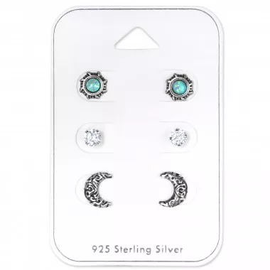 Ethnic Moon And Sun - 925 Sterling Silver Stud Earring Sets  SD33250