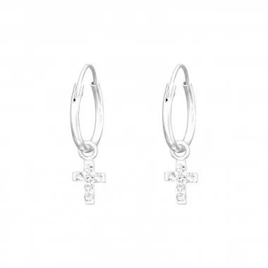 Hanging Cross - 925 Sterling Silver Hoop Earrings SD41570
