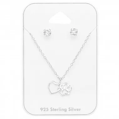 Heart And Paw Print - 925 Sterling Silver Necklace & Stud Sets SD45143