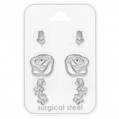 Tulip, Rose And Flowers - 316L Surgical Grade Stainless Steel Steel Jewelry Sets SD49608